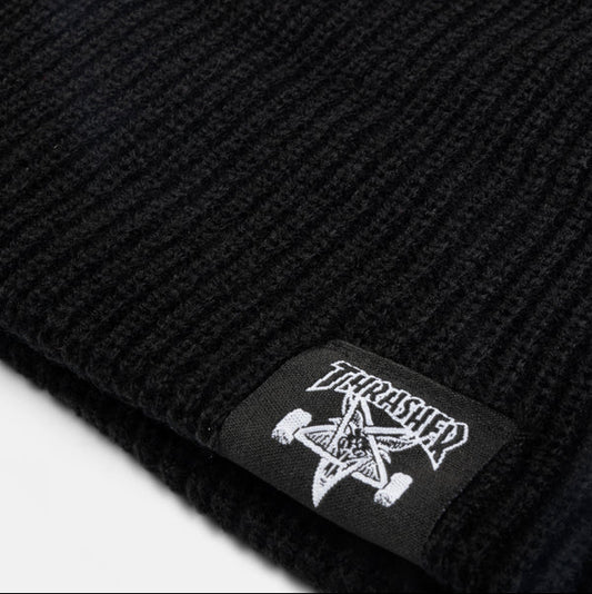 Black beanie with a brand logo on a white background
