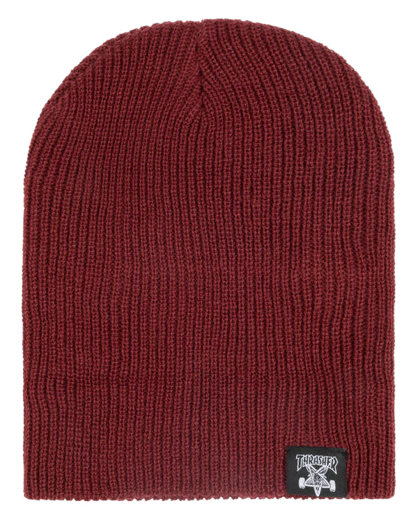 Red knit beanie with a brand logo on a white background