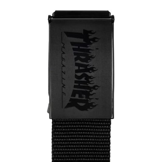 Black belt with a prominent logo on a white background