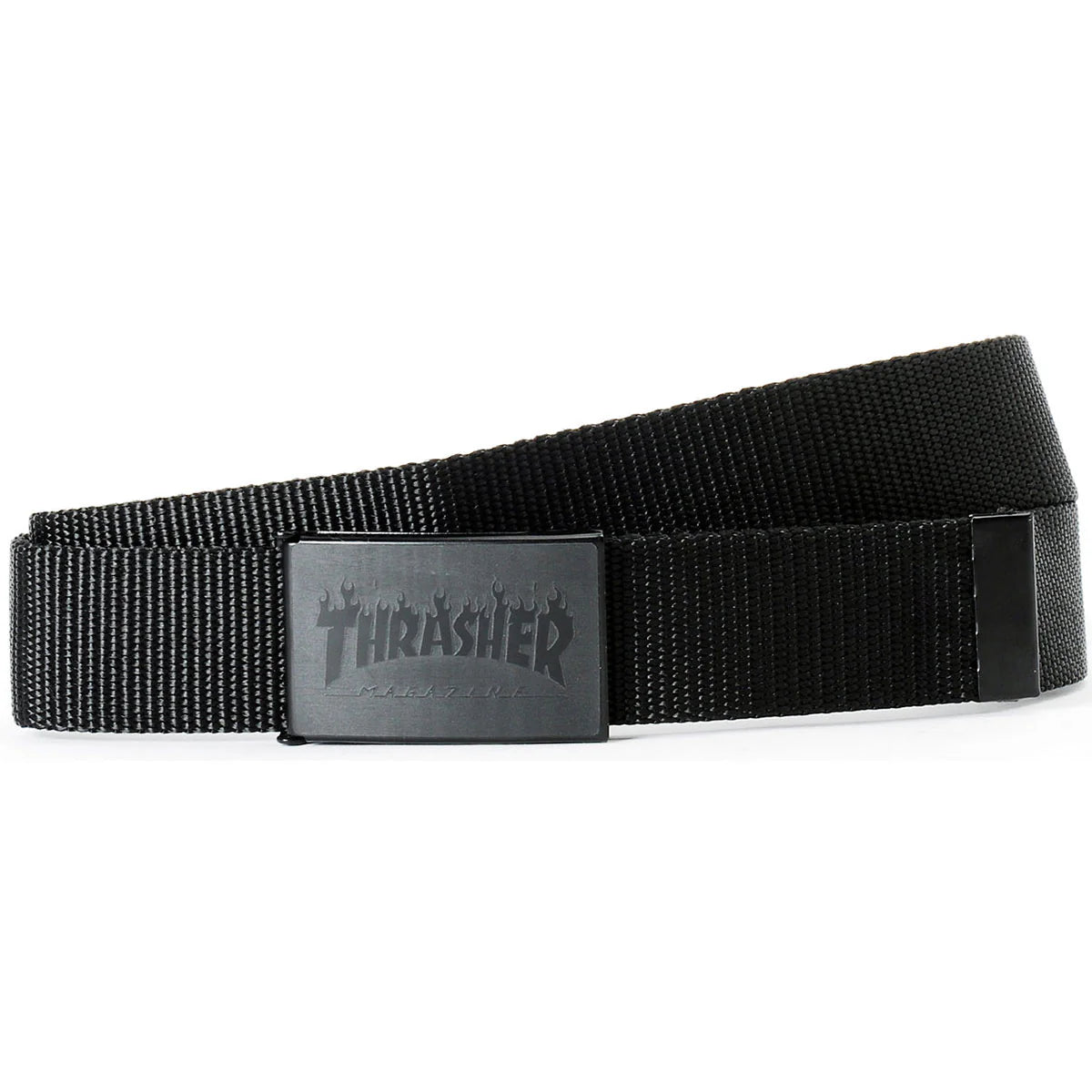 Black belt with a prominent brand logo on a white background