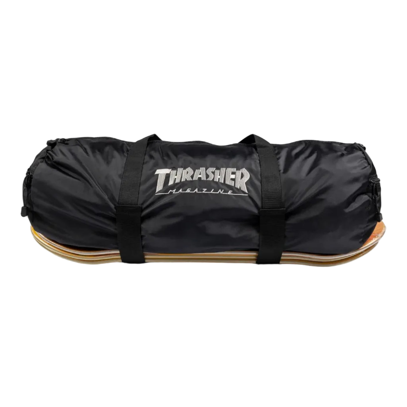 Black bag with 'Thrasher Magazine' logo containing a skateboard on a white background