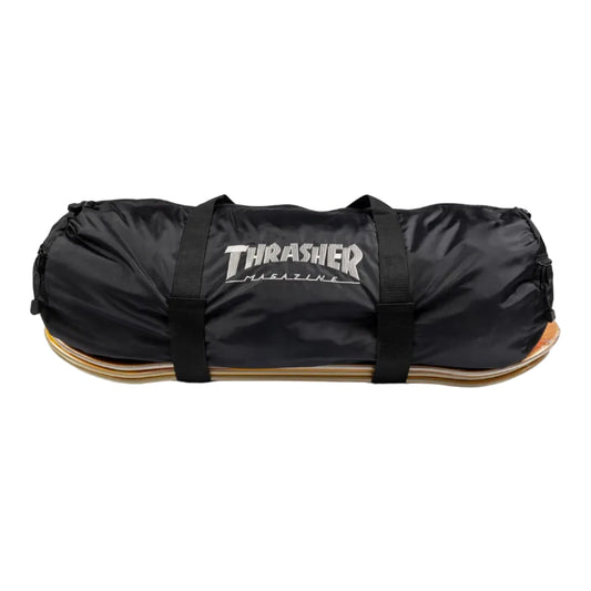 Black bag with 'Thrasher Magazine' logo containing a skateboard on a white background