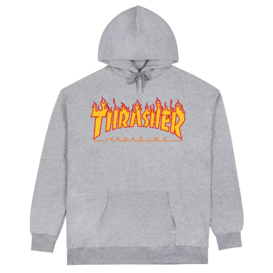 Gray hoodie with orange and yellow 'Thrasher Magazine' logo on a white background