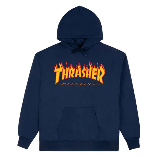 Navy blue hoodie with orange and yellow 'Thrasher Magazine' logo on a light gray background