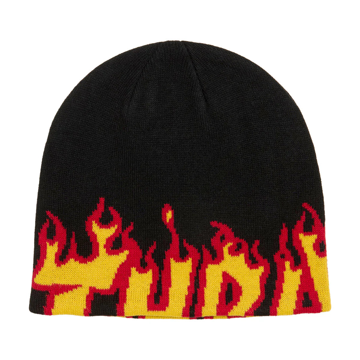 Black beanie with red and yellow flame pattern on a white background