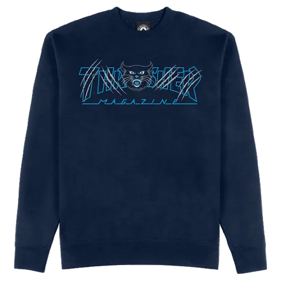 Navy blue sweatshirt with graphic design on a white background