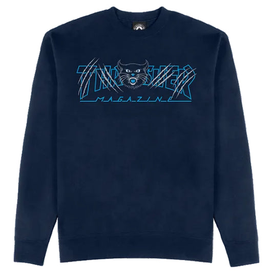 Navy blue sweatshirt with graphic design on a white background