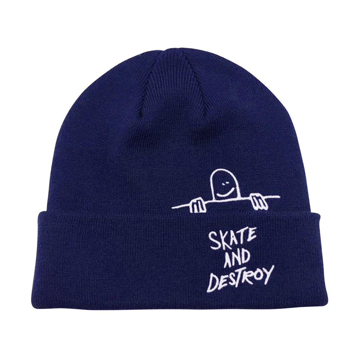 Navy blue beanie with white graphic and text on a white background