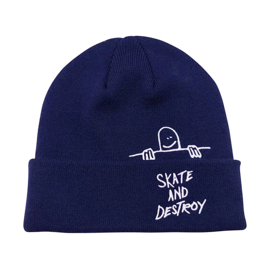 Navy blue beanie with white graphic and text on a white background