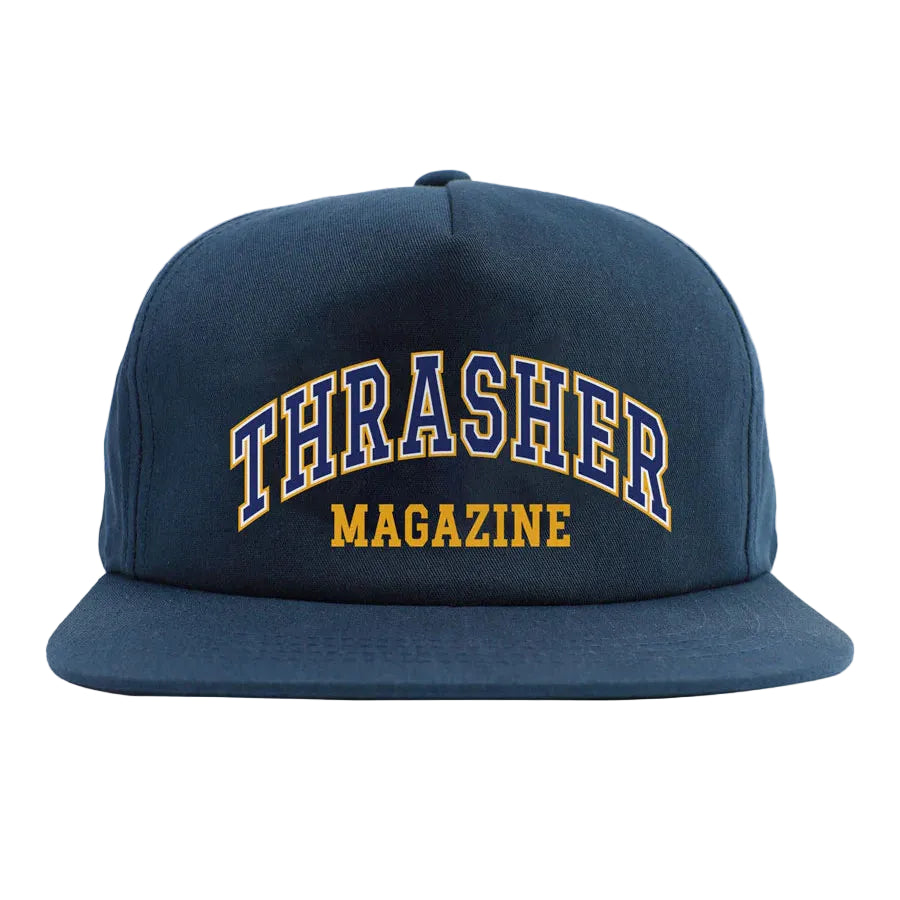 Navy blue cap with 'Thrasher Magazine' text on a white background
