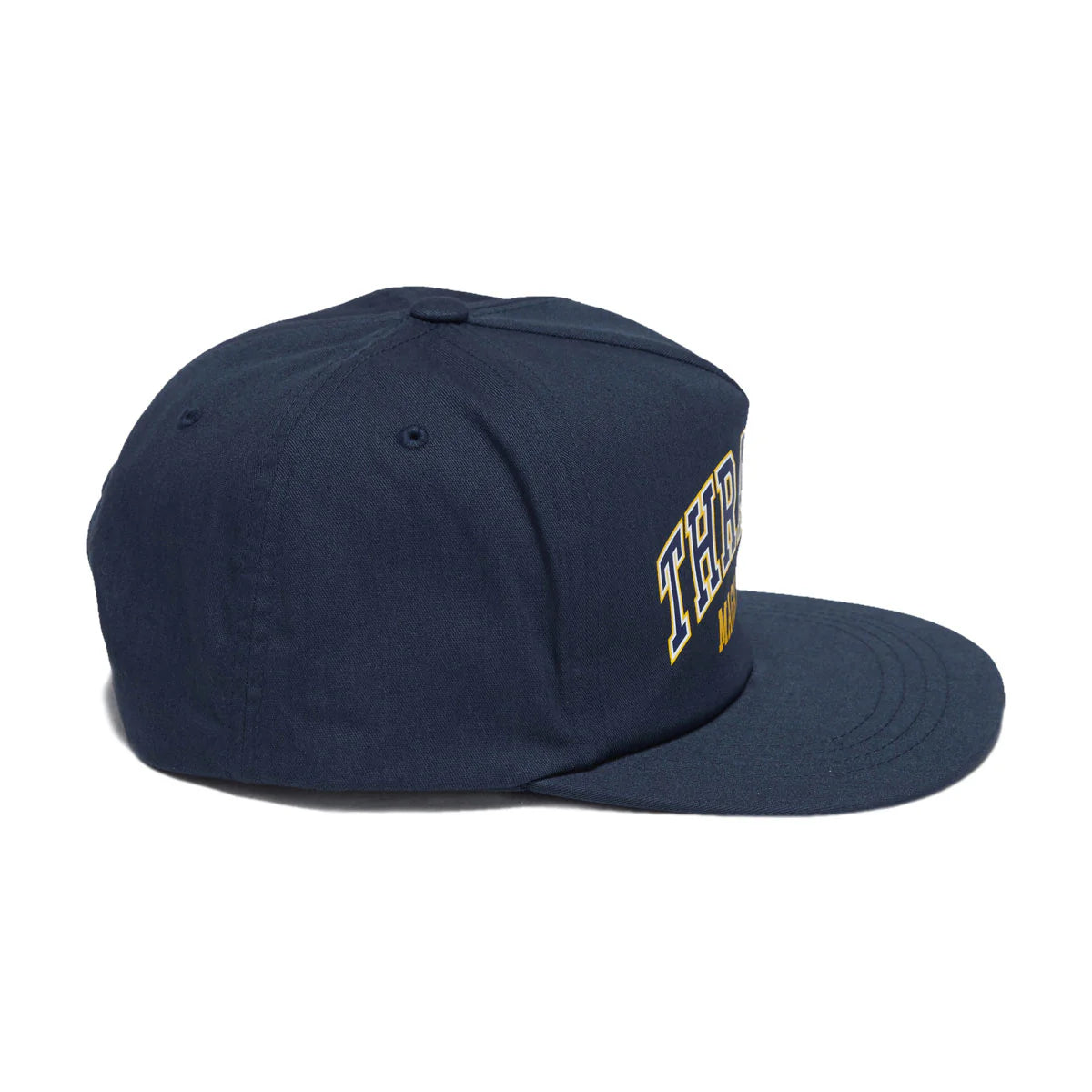 Dark gray cap with white logo and text on a white background
