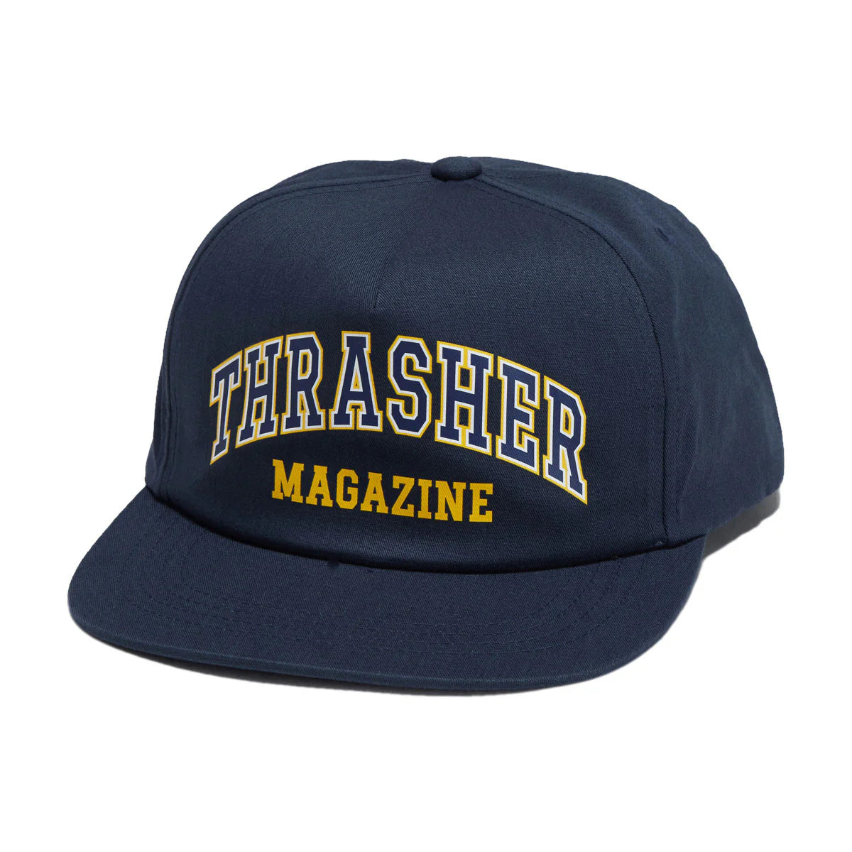 Navy blue cap with 'Thrasher Magazine' text on a white background