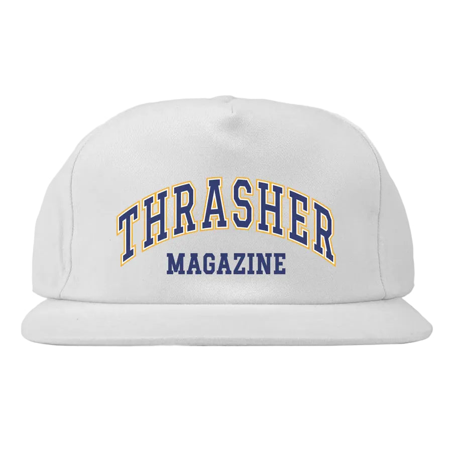 White cap with 'Thrasher Magazine' text on a white background