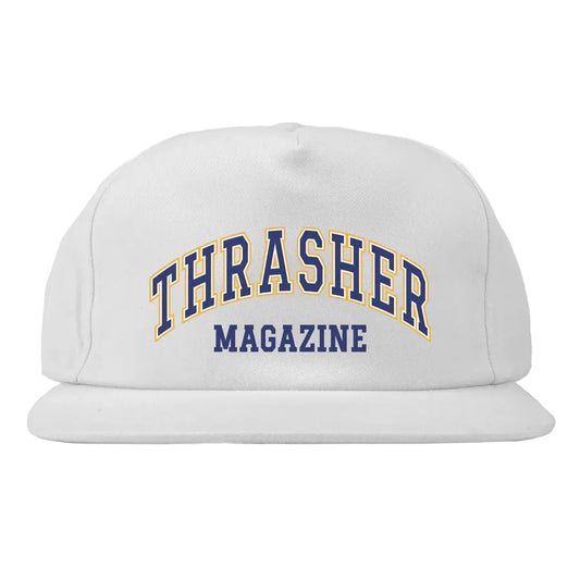 White cap with 'Thrasher Magazine' text on a white background