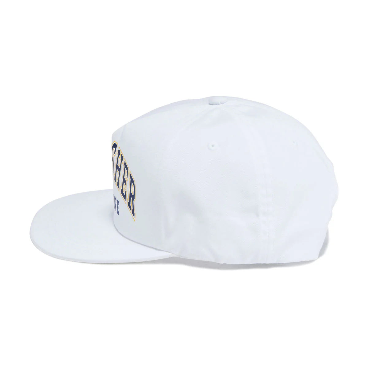 White cap with text on a white background
