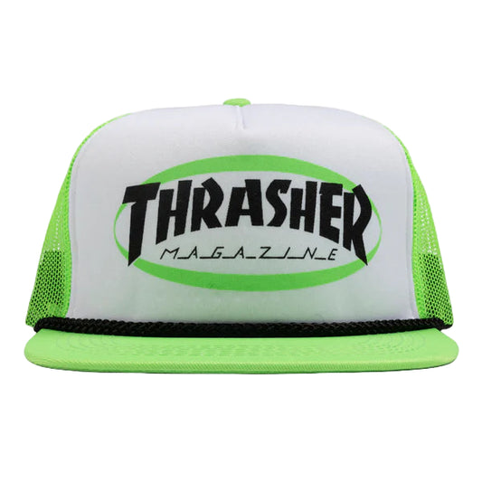 White and green cap with 'Thrasher Magazine' logo on a white background
