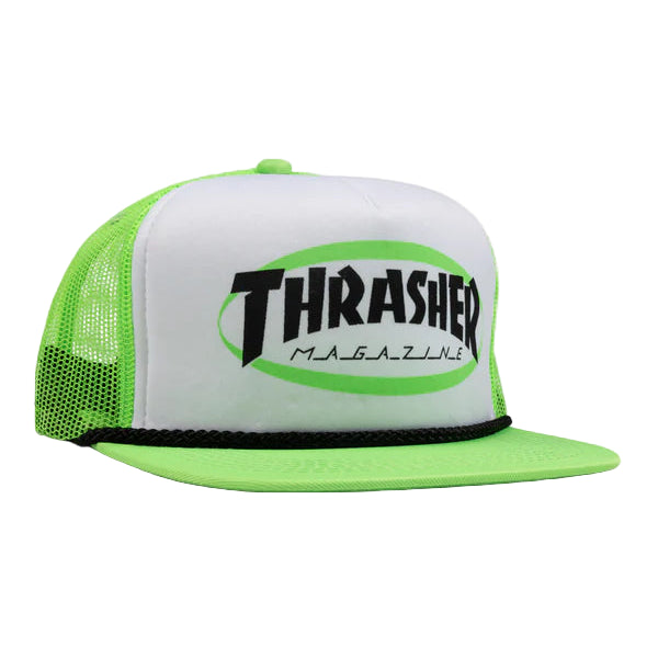 Green and white cap with Thrasher Magazine logo on a white background