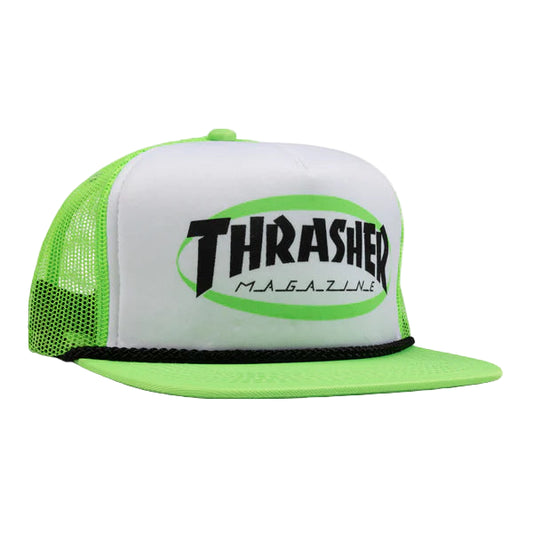 Green and white cap with Thrasher Magazine logo on a white background