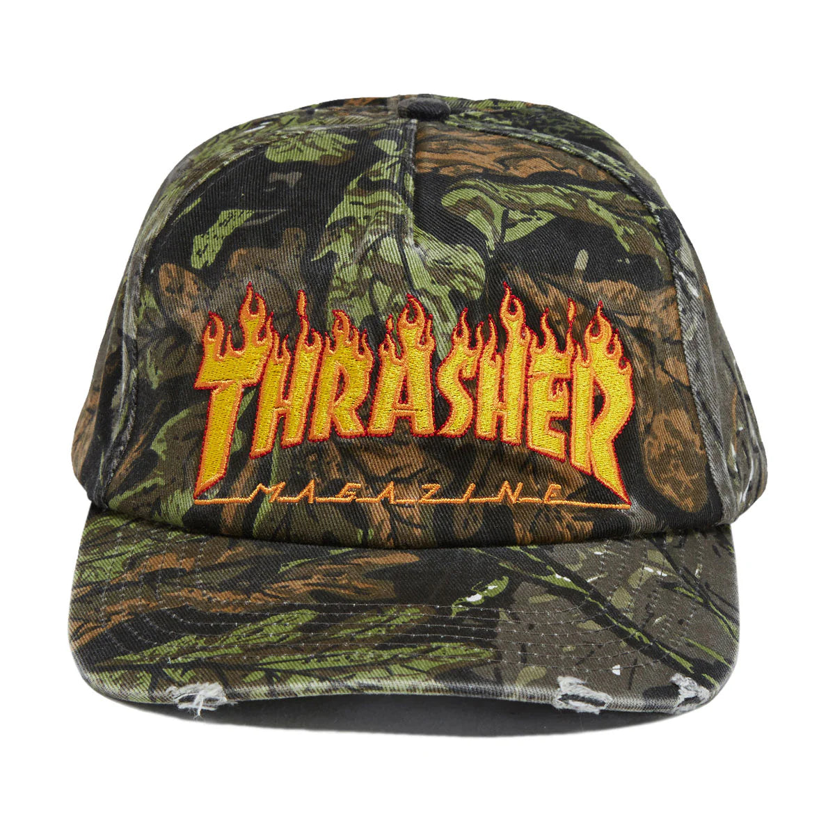 Camouflage cap with 'Thrasher Magazine' logo on a white background
