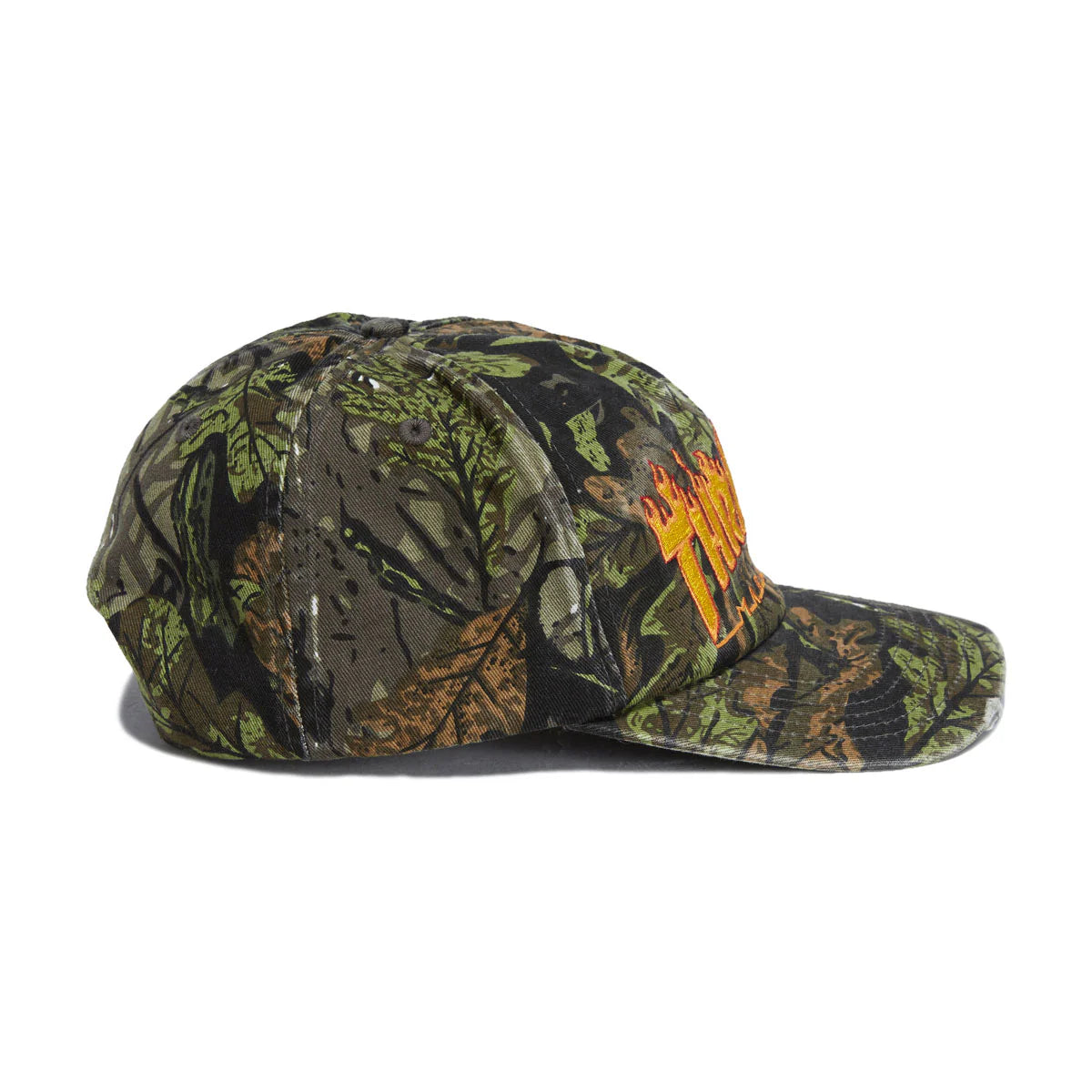 Camouflage-patterned cap with a brand logo on a white background