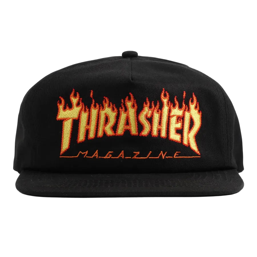 Black cap with orange and yellow 'Thrasher Magazine' logo on a white background