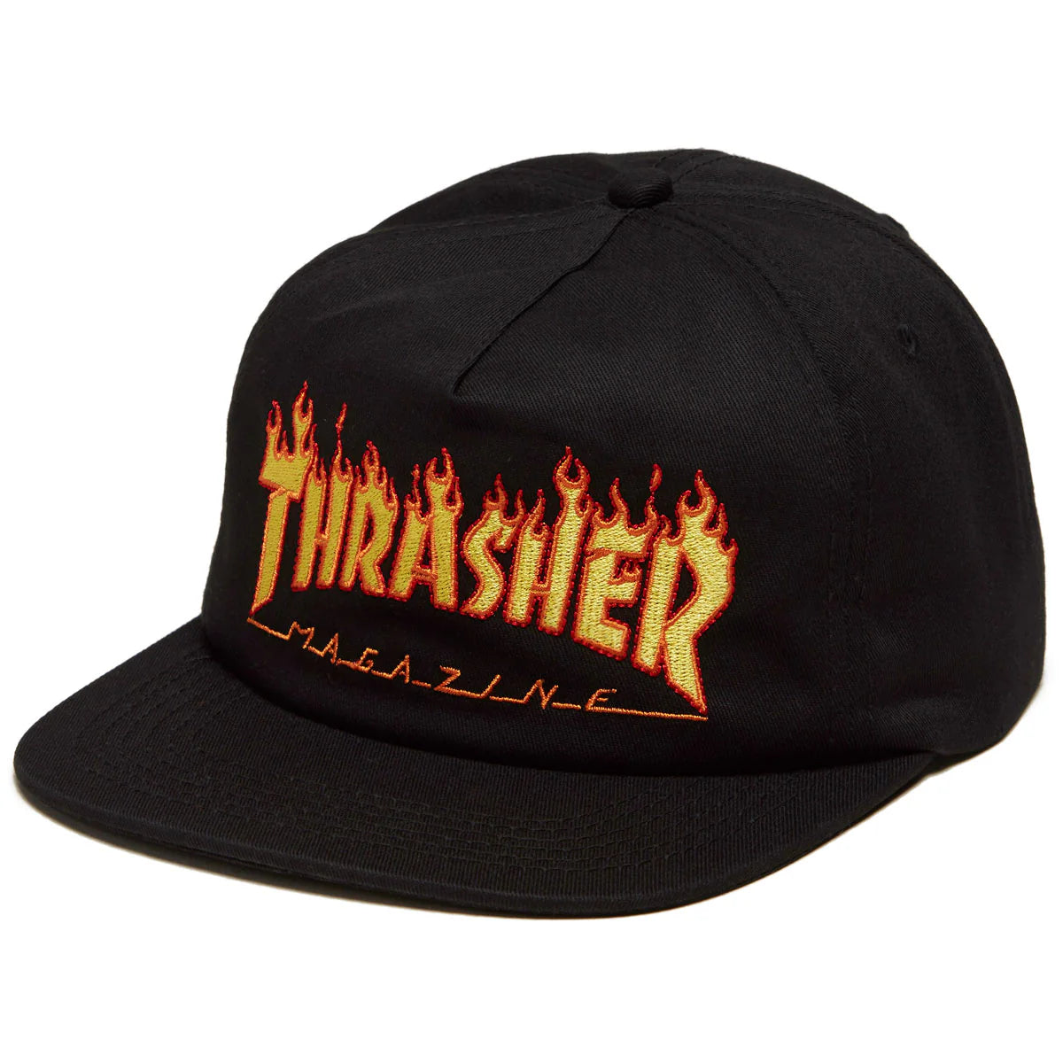 Black cap with 'Thrasher Magazine' flame logo on a white background