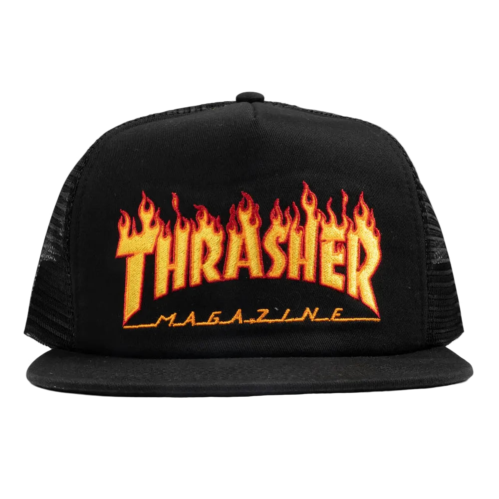 Thrasher Hat Flame Embroidered Trucker Black