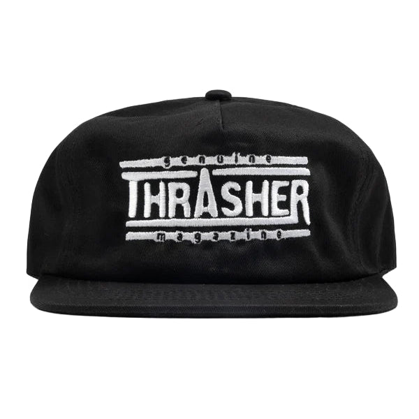 Black cap with white 'Thrasher' logo on a light gray background