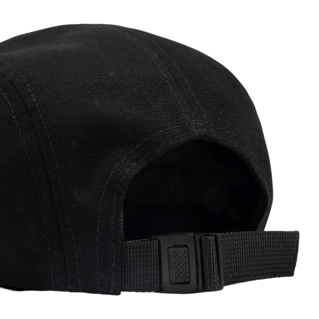 Black cap with a strap on a white background