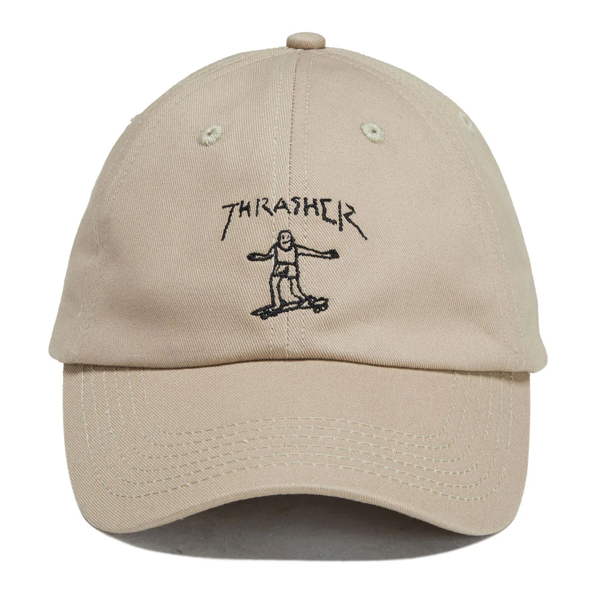 Beige cap with embroidered design on a white background
