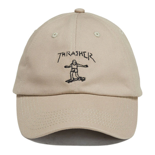 Beige cap with embroidered design on a white background