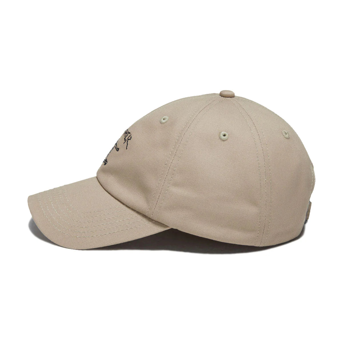 Beige baseball cap with a small logo on a white background
