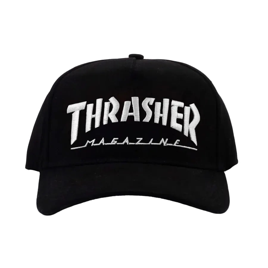 Black cap with 'Thrasher Magazine' logo on a light gray background