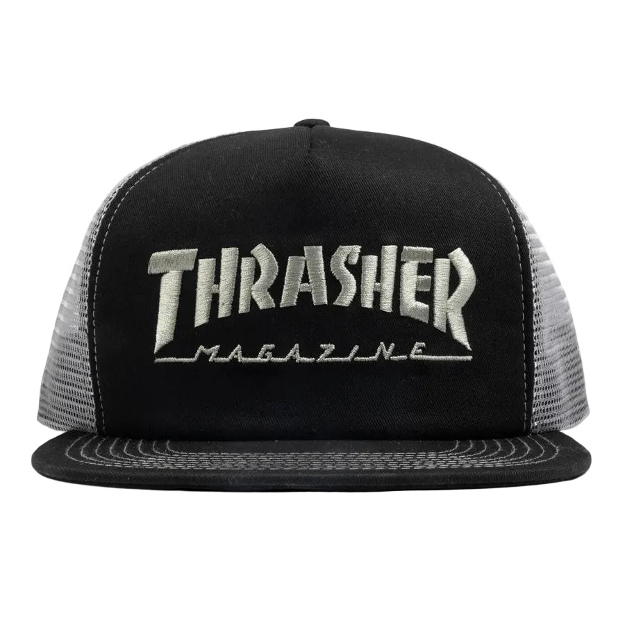 Black and gray trucker hat with 'Thrasher Magazine' logo on a white background