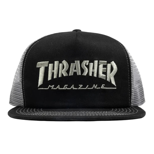 Black and gray trucker hat with 'Thrasher Magazine' logo on a white background