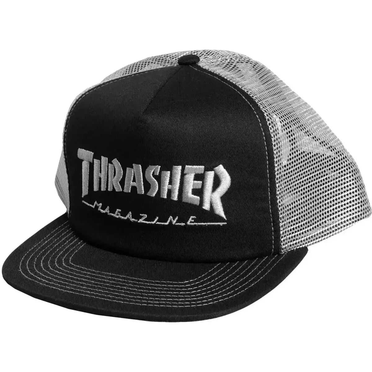 Black and white cap with 'Thrasher Magazine' logo on a white background