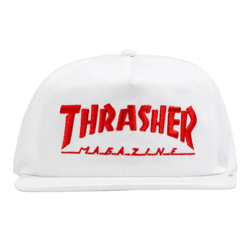 White cap with red 'Thrasher Magazine' logo on a white background