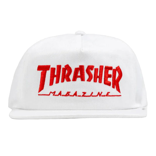 White cap with red 'Thrasher Magazine' logo on a white background