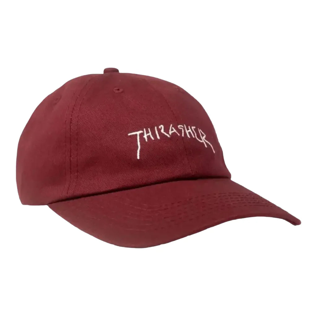 Maroon cap with 'Thrasher' logo on a white background