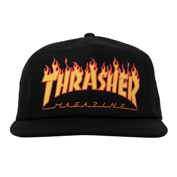 Black cap with orange and yellow 'Thrasher Magazine' logo on a white background