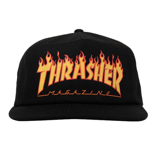 Black cap with orange and yellow 'Thrasher Magazine' logo on a white background