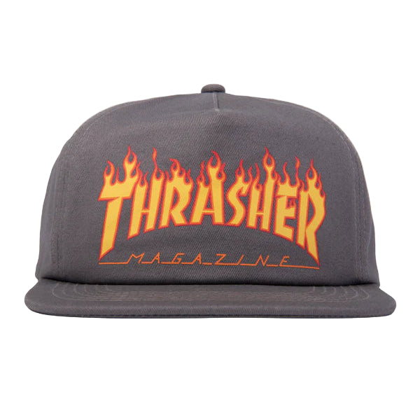 Gray cap with orange and yellow 'Thrasher Magazine' logo on a light gray background