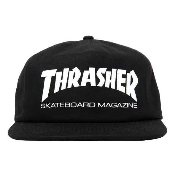 Black cap with 'Thrasher Skateboard Magazine' logo on a white background