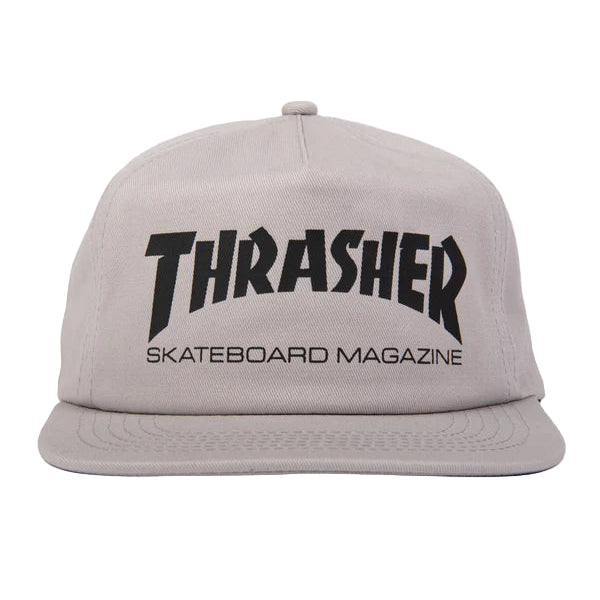 Gray cap with black 'Thrasher Skateboard Magazine' logo on a white background