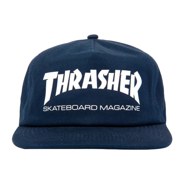Navy blue cap with white 'Thrasher Skateboard Magazine' logo on a light gray background