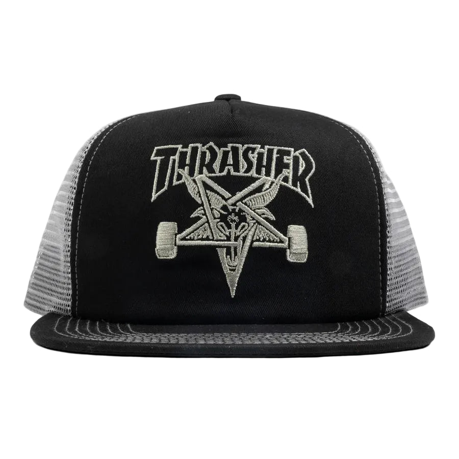 Black and gray trucker hat with Thrasher logo on a white background
