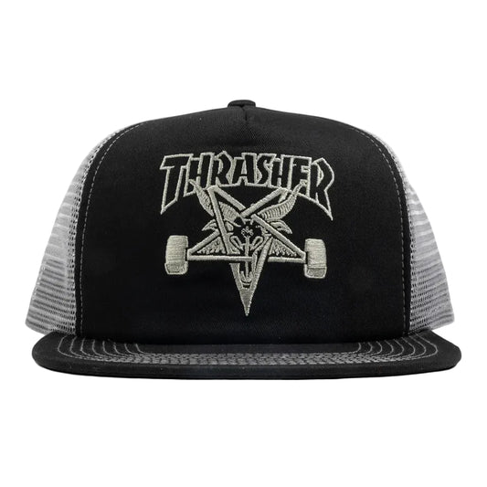 Black and gray trucker hat with Thrasher logo on a white background