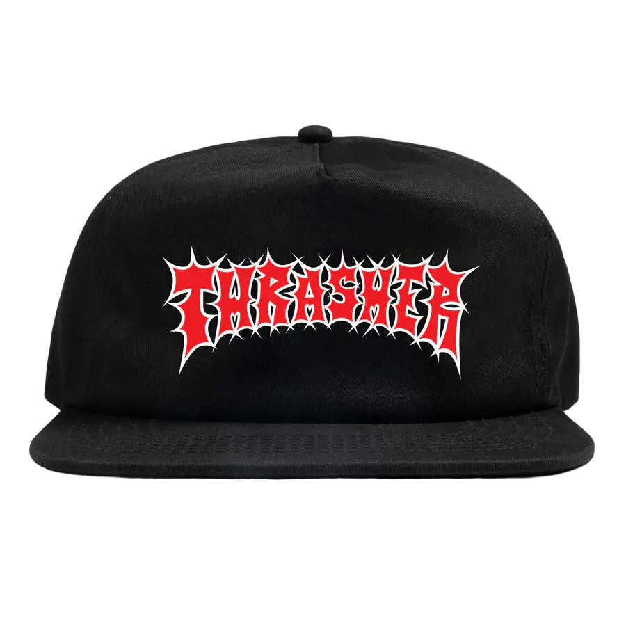 Black cap with red and white 'Thrasher' logo on a light gray background
