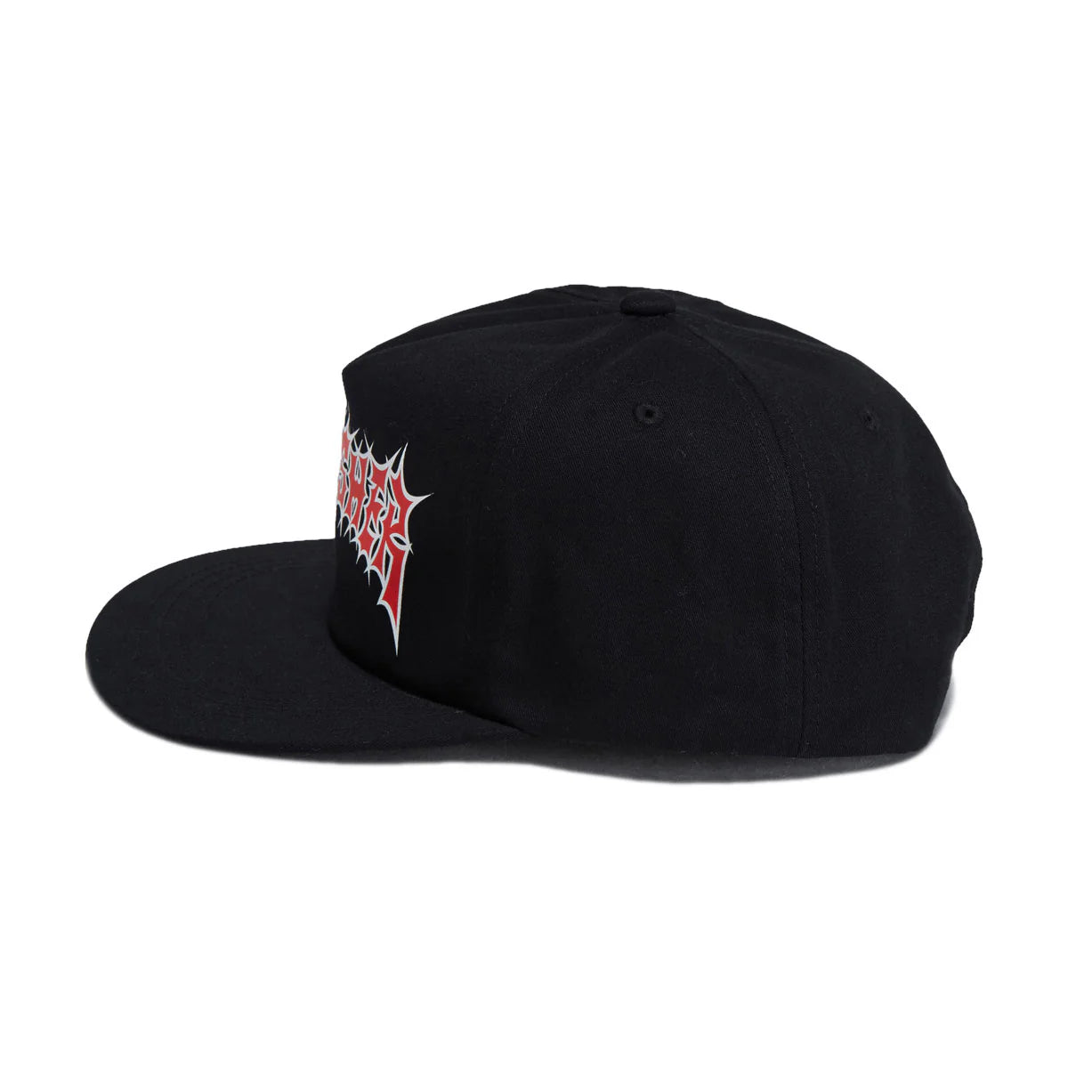 Black cap with a red and white logo on a white background
