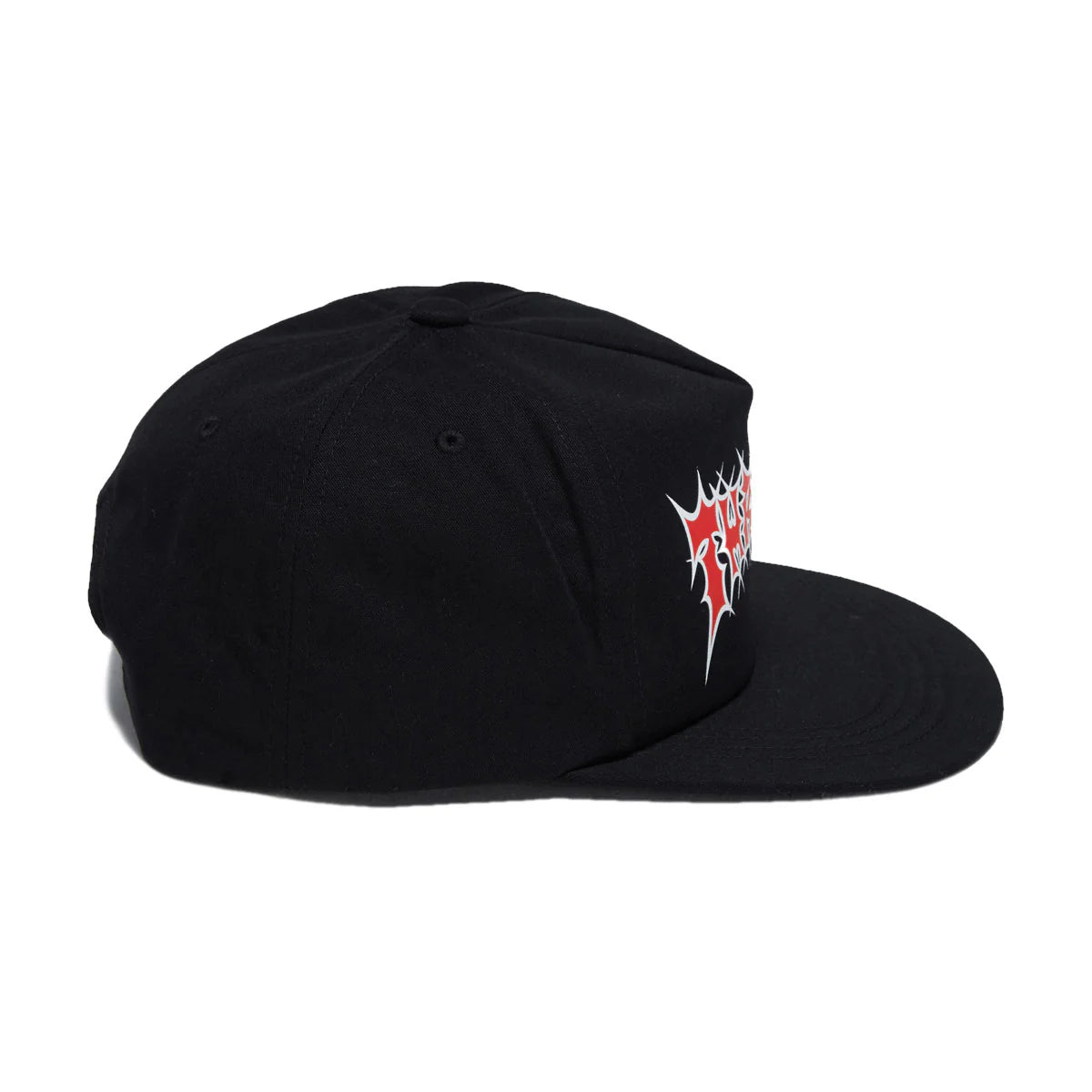 Black cap with a red and white logo on a white background